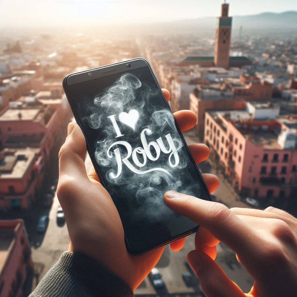 Une main tenant un smartphone avec un autocollant I love Roby